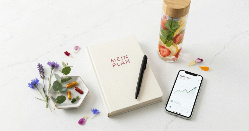 Farbenfrohes Flatlay mit einem Notizbuch 'MEIN PLAN', infused Water mit Beeren, Nahrungsergänzungsmitteln und einem Smartphone mit Gesundheitschart, symbolisiert einen strukturierten Gesundheitsplan für hormonelle Balance.