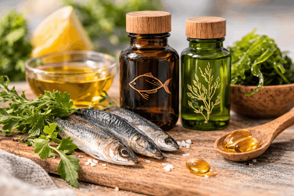 Omega-3-Quellen mit kleinen Fettfischen wie Makrele und Hering sowie Fischöl- und Algenölflaschen als natürliche Fettsäuren gegen Entzündungen