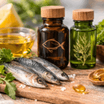 Omega-3-Quellen mit kleinen Fettfischen wie Makrele und Hering sowie Fischöl- und Algenölflaschen als natürliche Fettsäuren gegen Entzündungen