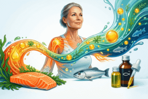 Illustration zu Omega-3-Fettsäuren zeigt Fisch, Algenöl und eine Frau mit symbolischer Darstellung von Zellmembran-Fluidität und Entzündungsprozessen