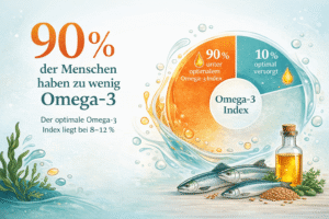 Infografik zum Omega-3-Index zeigt, dass etwa 90 % der Menschen unter dem optimalen Omega-3-Wert von 8–12 % liegen