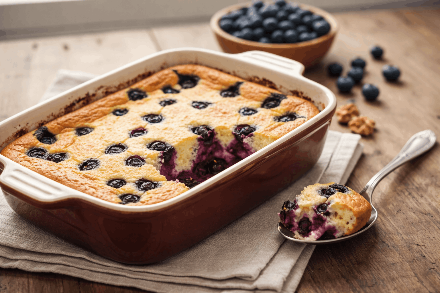 Protein-Quark-Auflauf mit Wildheidelbeeren in einer Auflaufform als eiweißreiches Rezept für Frühstück oder Dessert