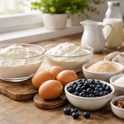 Zutaten für Protein-Quark-Auflauf mit Wildheidelbeeren: Quark, Skyr, Eier, Beeren und Backzutaten auf einer hellen Küchenarbeitsfläche.