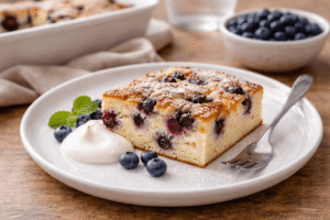 Protein-Quark-Auflauf mit Wildheidelbeeren auf einem Teller serviert als eiweißreiches Frühstück oder gesundes Dessert