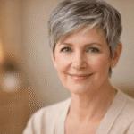 Frau Mitte 50 mit kurzen grau melierten Haaren und freundlichem Lächeln in natürlichem Porträt