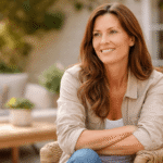 Frau um die 50 mit langen braunen Haaren sitzt entspannt im Freien und lächelt