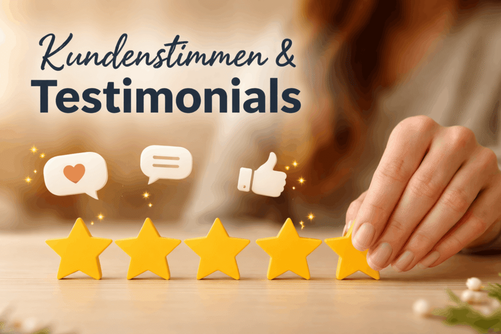 Fünf gelbe Sterne werden auf einer Holzoberfläche von einer Hand platziert, Symbol für positive Kundenbewertungen und Testimonials