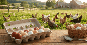 Frische Eier aus Freilandhaltung mit Hühnern auf einer grünen Wiese als Symbol für natürliche Ernährung