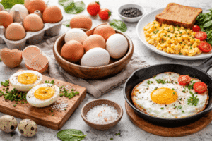 Frische Eier, gekochte Eier und Spiegelei mit Gemüse als nährstoffreiches Frühstück für stabile Energie