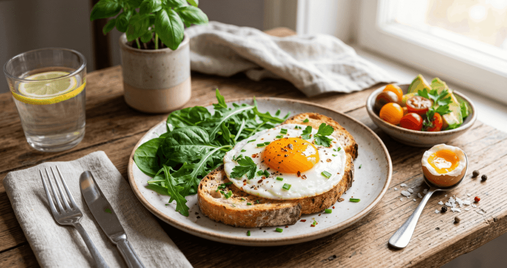 Spiegelei auf Vollkornbrot mit frischem Gemüse als ausgewogenes Frühstück für stabile Energie