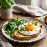 Spiegelei auf Vollkornbrot mit frischem Gemüse als ausgewogenes Frühstück für stabile Energie