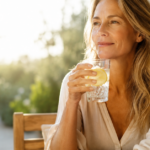 Elektrolyte & Flüssigkeitshaushalt - Warum Wasser allein bei Hitze nicht reicht Frau trinkt erfrischendes Zitronenwasser an einem warmen Sommertag