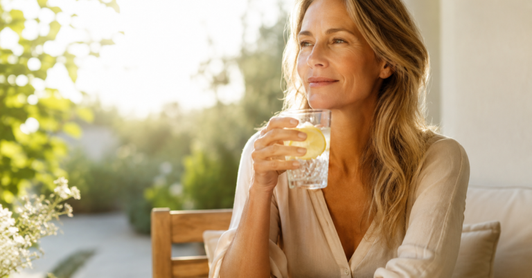 Frau trinkt erfrischendes Zitronenwasser an einem warmen Sommertag