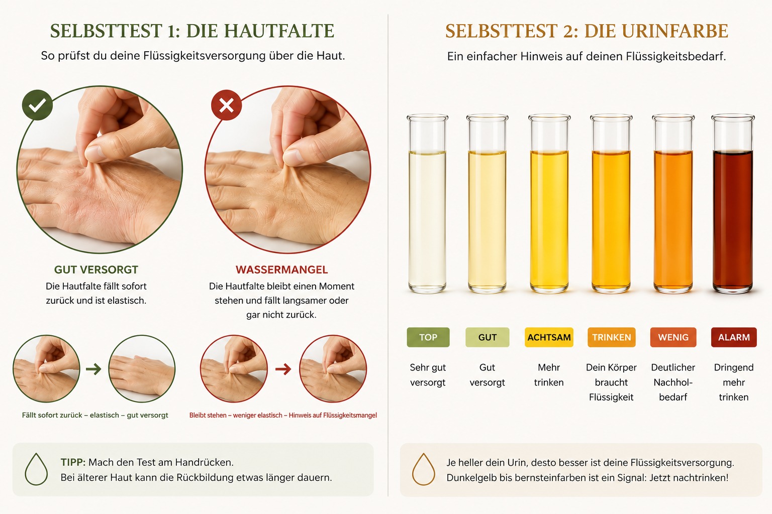 Elektrolyte-Mangel erkennen - zwei einfache Selbsttests (Hautfalte und Urinfarbe)