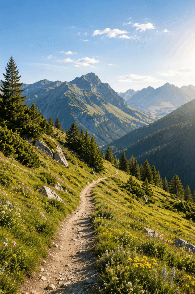 alpiner-wanderweg-gesundheit-vital-mit-sabine.png Alpiner Wanderweg durch eine grüne Berglandschaft