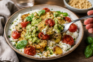 Knusprige Ofenkartoffeln mit Feta-Creme, Ofentomaten und Avocado-Basilikum-Topping auf einem Teller