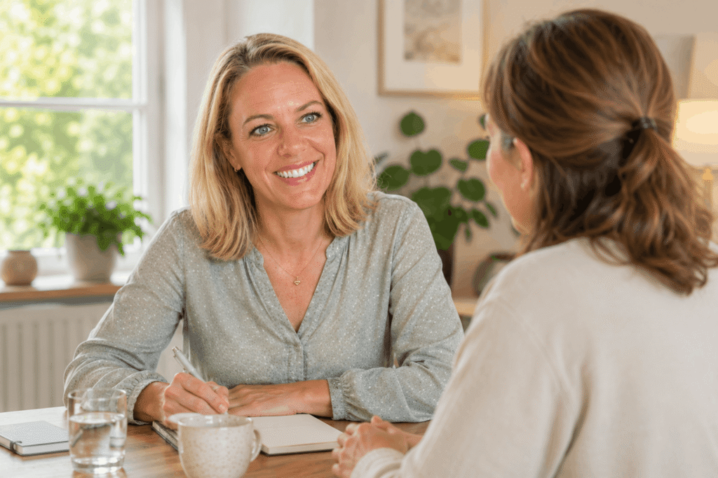 Freundliches Kennenlerngespräch mit Notizen (1) Persönliches Kennenlerngespräch im Gesundheitscoaching für Frauen ab 40
