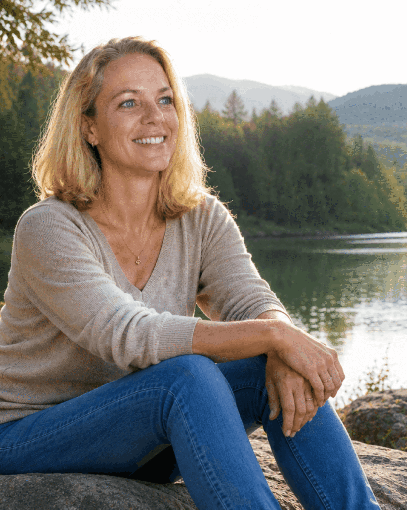 Sabine in der Natur am See – individuelles Gesundheitscoaching für Frauen ab 40