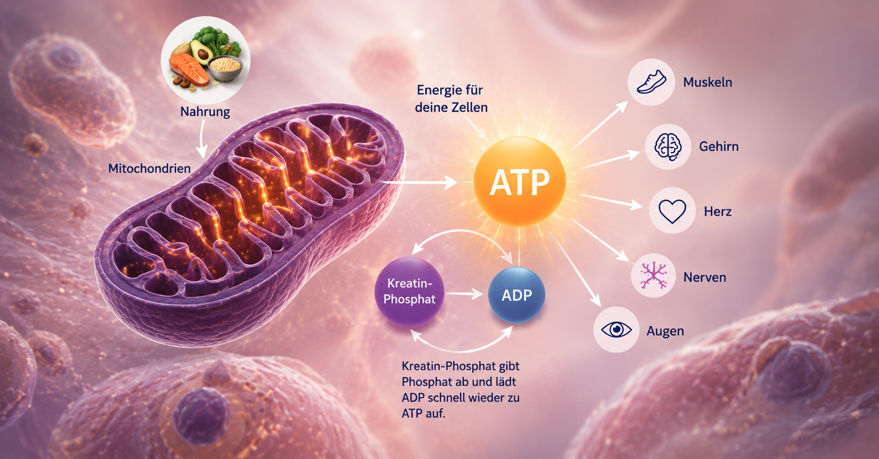 Infografik: Kreatin unterstützt die ATP-Produktion in den Mitochondrien für Muskeln, Gehirn, Herz, Nerven und Augen