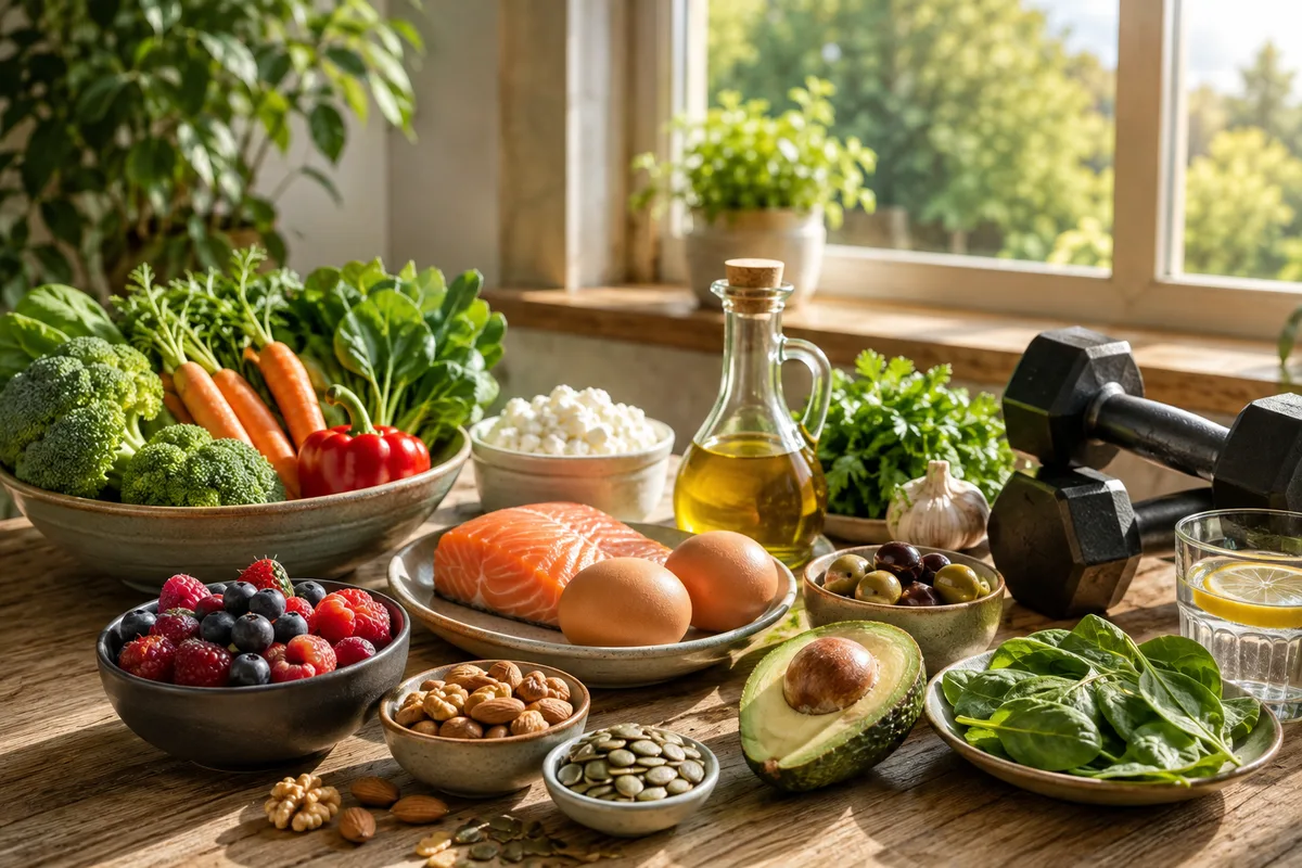 Stillleben mit buntem Gemüse, Lachs, Eiern, Nüssen, Beeren, Olivenöl und Hanteln auf einem Holztisch im Morgenlicht als Symbol für die Longevity-Basis