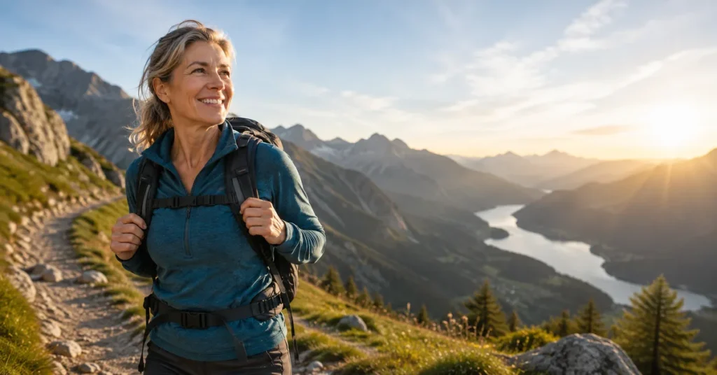 Frau um die 50 wandert lächelnd bei Sonnenaufgang auf einem Bergpfad in den Alpen mit Blick auf Bergkette und See