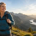 Frau um die 50 wandert lächelnd bei Sonnenaufgang auf einem Bergpfad in den Alpen mit Blick auf Bergkette und See