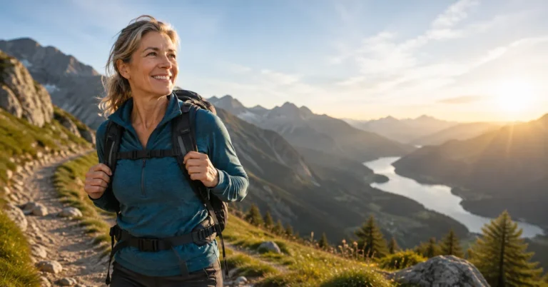 Frau um die 50 wandert lächelnd bei Sonnenaufgang auf einem Bergpfad in den Alpen mit Blick auf Bergkette und See