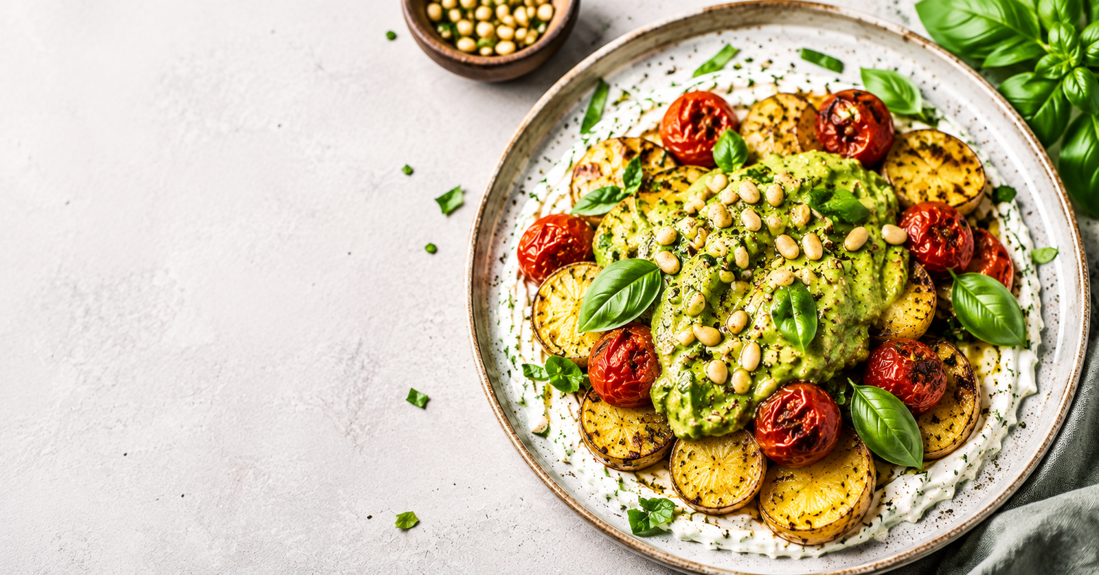 Knusprige Ofenkartoffeln mit Feta-Creme, Avocado-Basilikum-Topping und Ofentomaten