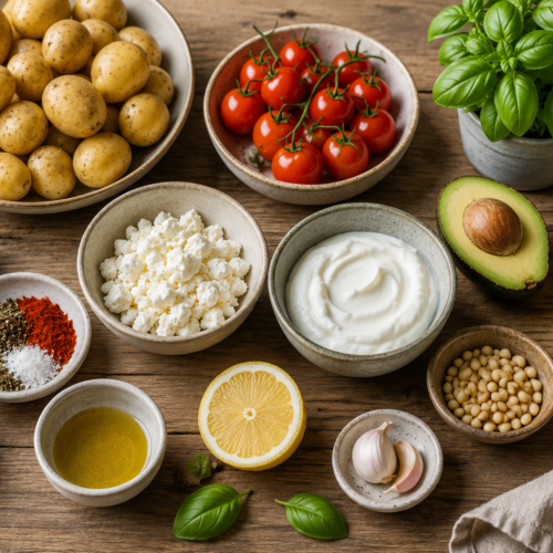 Zutaten für knusprige Ofenkartoffeln mit Feta-Creme und Avocado auf einem Küchentisch