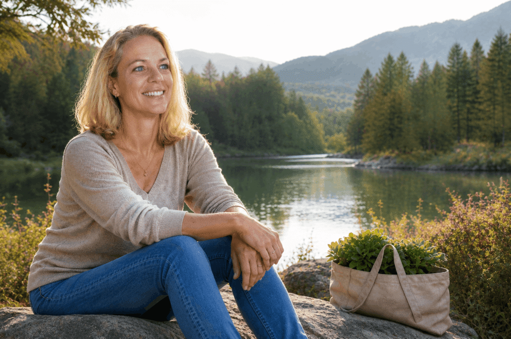 Friedlicher Seeausblick in den Bergen ganz(1) Sabine in der Natur am See – individuelles Gesundheitscoaching für Frauen ab 40