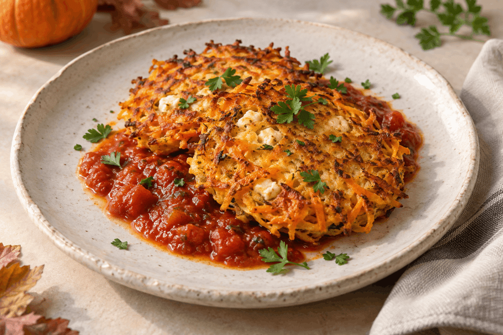 Goldbraune Kürbispuffer mit Süsskartoffel und Feta auf Tomatensauce, mit Petersilie garniert und auf einem hellen Keramikteller angerichtet.