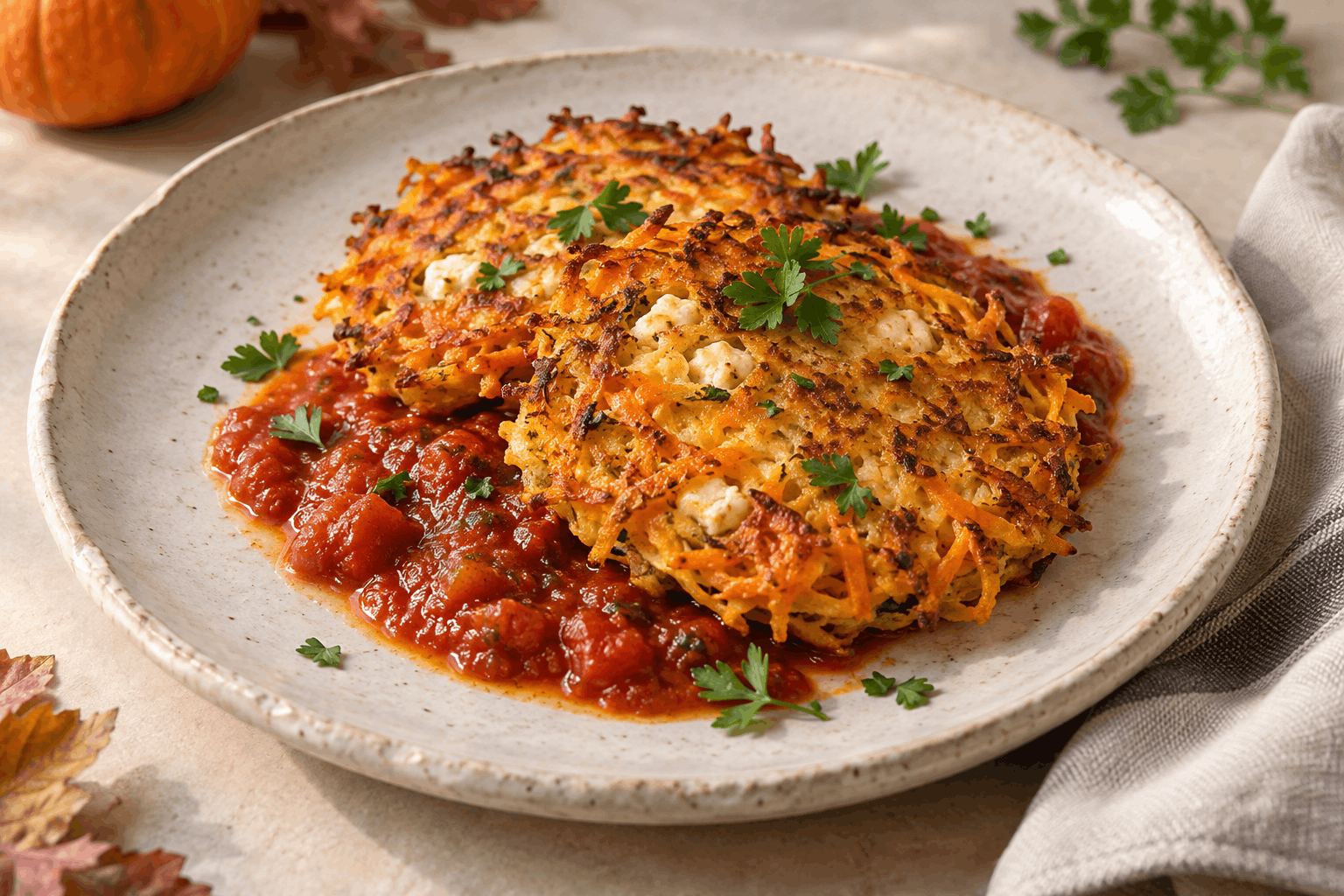 Goldbraune Kürbispuffer mit Süsskartoffel und Feta auf Tomatensauce, mit Petersilie garniert und auf einem hellen Keramikteller angerichtet.