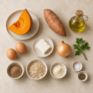 Zutaten für Kürbispuffer mit Süsskartoffel und Feta: Kürbis, Süsskartoffel, Feta, Eier, Zwiebel, Leinsamen, Buchweizenflocken, Proteinpulver, Olivenöl, Kräuter und Gewürze auf einem hellen Tisch.