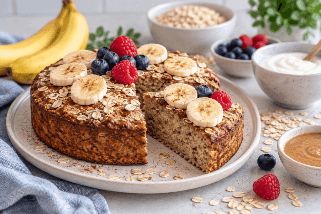 Schneller Protein-Kuchen mit Haferflocken, Banane und Beeren auf einem Teller