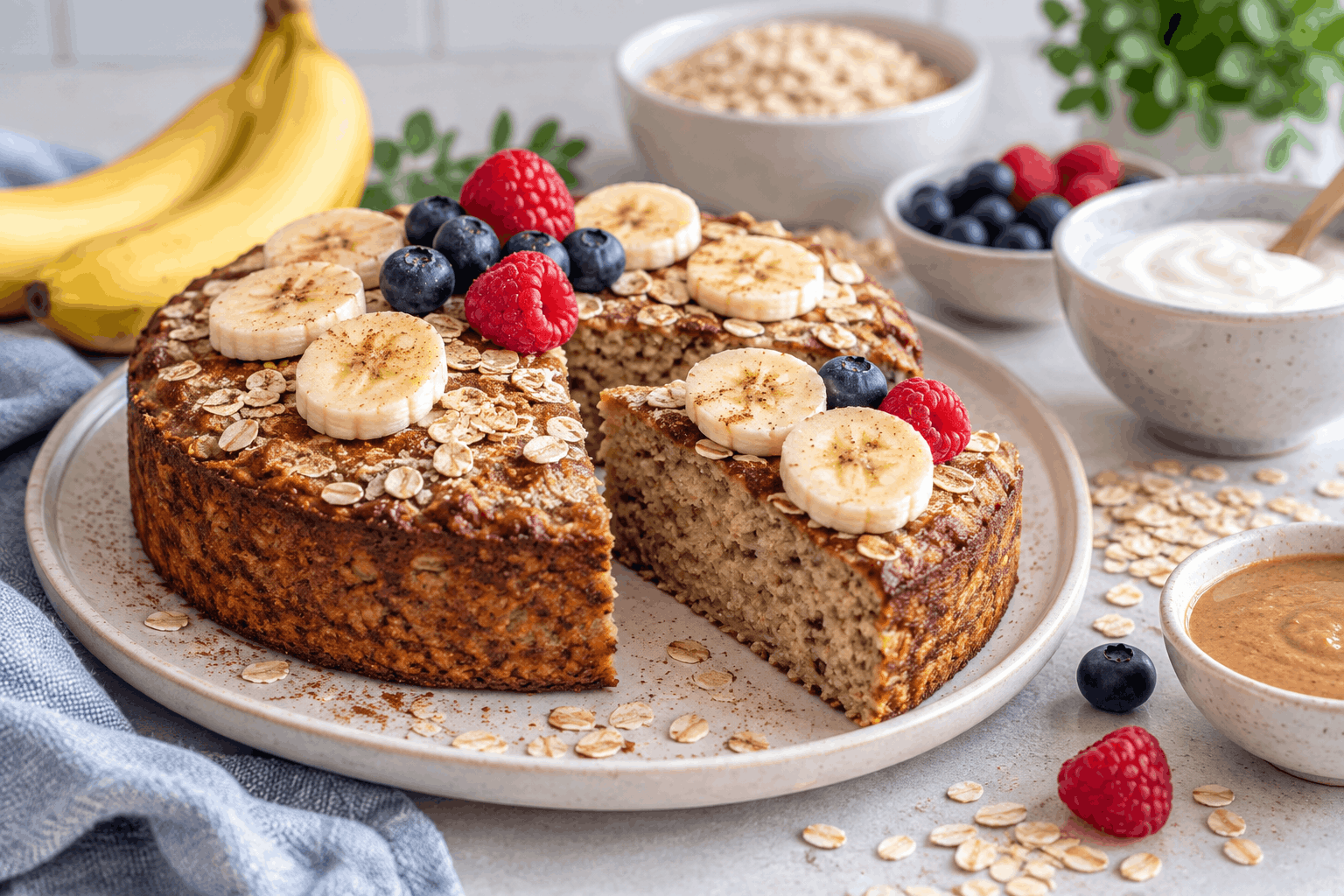 Schneller Protein-Kuchen mit Haferflocken, Banane und Beeren auf einem Teller