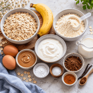 Zutaten für Protein-Kuchen mit Haferflocken, Banane, Skyr, Eiern und Mandelmus