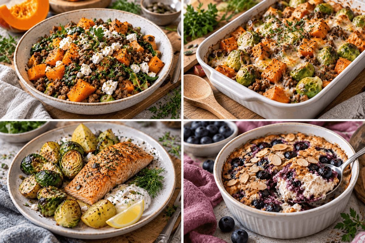 Blutzuckerfreundliche Herbst- und Wintergerichte bei Insulinresistenz mit Kürbis, Rosenkohl, Lachs und Protein-Quark-Auflauf
