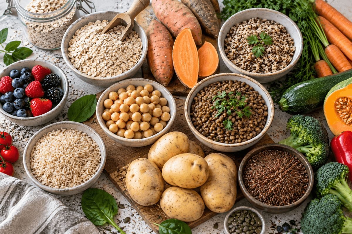 Gesunde Kohlenhydrate bei Insulinresistenz mit Haferflocken, Kartoffeln, Süßkartoffeln, Hülsenfrüchten und Vollkornreis