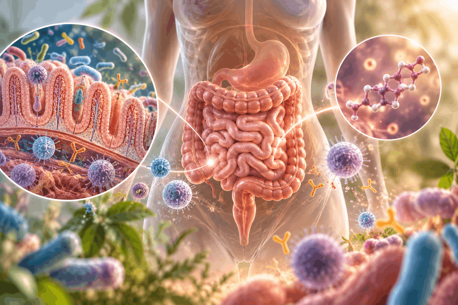 Darstellung von Darm, Darmbarriere und Mikrobiom im Zusammenhang mit Östrogen und Immunsystem in den Wechseljahren