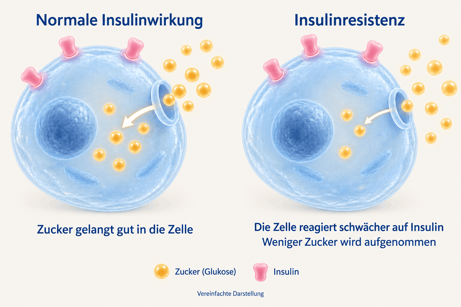 Vereinfachte Grafik zur Insulinresistenz: links normale Insulinwirkung mit Glukoseaufnahme in die Zelle, rechts verminderte Glukoseaufnahme bei Insulinresistenz.
