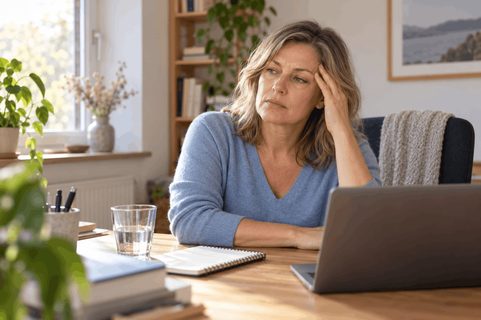Frau mit müdem Blick sitzt vor einem Laptop und stützt eine Hand an ihre Schläfe.