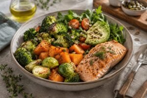 Insulinresistenz was essen – blutzuckerfreundliche Mahlzeit mit Lachs, Gemüse und Süßkartoffel