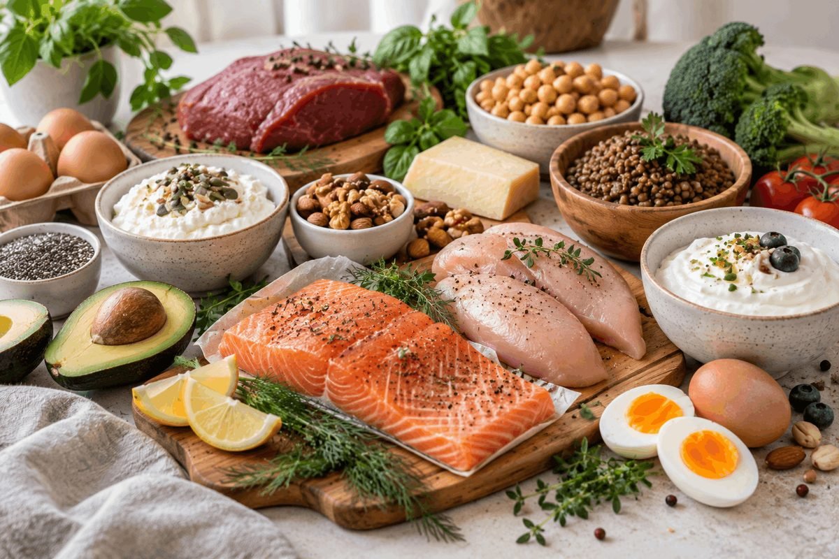 Proteinreiche Lebensmittel für Frauen ab 40 mit Fisch, Eiern, Fleisch, Milchprodukten und Hülsenfrüchten