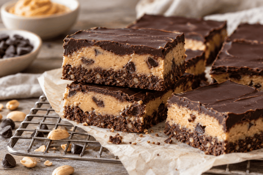Cookie-Dough-Schnitten ohne Zuckerzusatz mit cremiger Erdnuss-Cookie-Dough-Schicht, Schokolade und Mandel-Kakao-Boden