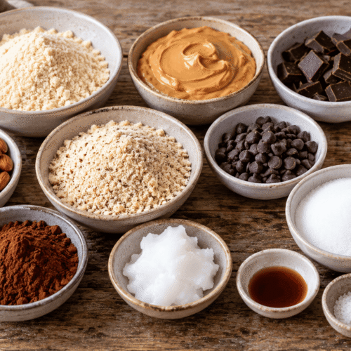 Zutaten für Cookie-Dough-Schnitten ohne Zuckerzusatz mit Mandeln, Mandelmehl, Erdnussmus, Kakao, Schokolade, Erythrit und Kokosöl