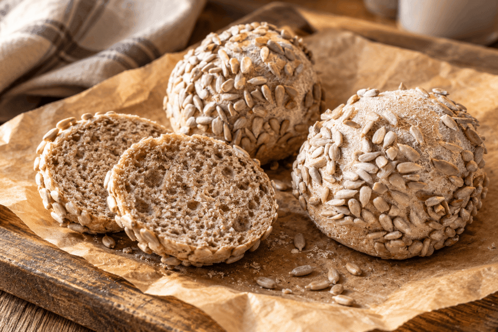 Glutenfreie Buchweizen-Brötchen ohne Hefe mit Sonnenblumenkernen auf Backpapier und einem Holzbrett, davon eines aufgeschnitten mit sichtbar saftiger Krume.