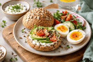 Proteinreiches Frühstück mit glutenfreien Buchweizen-Brötchen ohne Hefe, belegt mit Hüttenkäse, Avocado und Tomaten, dazu gekochte Eier, Gurke, Radieschen und Sprossen auf einem Frühstücksteller.