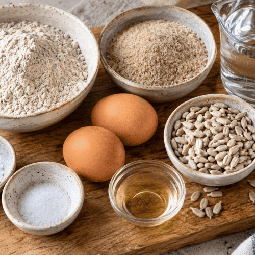 Zutaten für glutenfreie Buchweizen-Brötchen ohne Hefe: Buchweizenmehl, Flohsamenschalen, zwei Eier, Wasser, Backpulver, Salz, Apfelessig und Sonnenblumenkerne auf einem Holzbrett angerichtet.